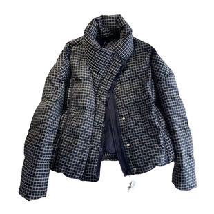 藏青色格纹立领羽绒服女2025冬季小个子保暖加厚90白鸭绒短款外套