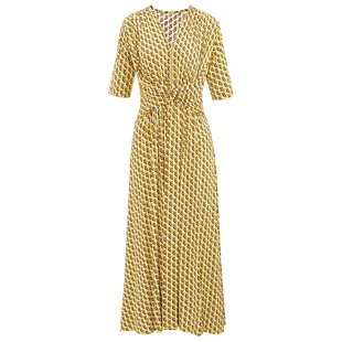 MY TENO/马天奴新款黄色印花连衣裙V领收腰短袖气质时尚度假女