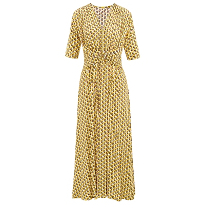 马天奴黄色印花收腰V领连衣裙