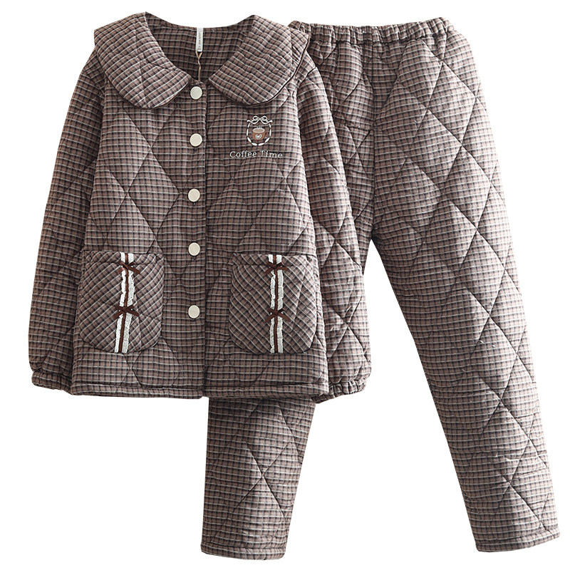 全棉色织格夹棉睡衣女冬季三层加厚加绒纯棉布时尚保暖家居服套装