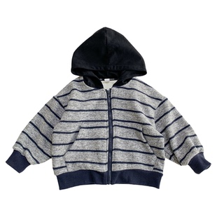 男童薄绒卫衣外套2025秋冬儿童条纹休闲帽衫中小童柔软拉链开衫潮