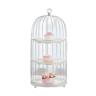 鸟笼点心架套装 镀银蛋糕架水果展示盘 陶瓷盘糕点摆件客厅装饰品