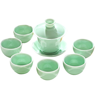 不单典雅青瓷盖碗功夫茶具陶瓷茶碗茶杯家用办公简约干泡盘小套装