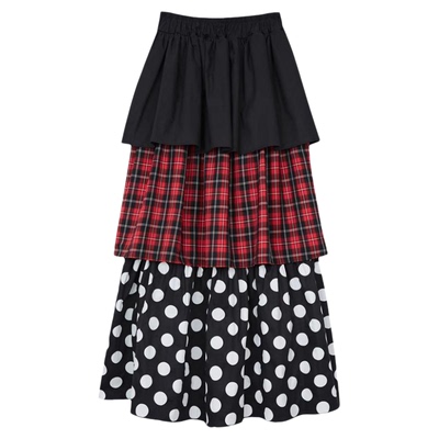 格子波点显瘦高腰蛋糕长裙