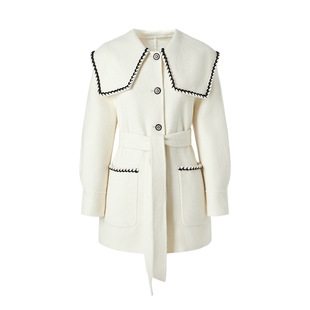 MOISSAC摩萨克冬绵羊毛米白小香风海军风翻领大衣外套女