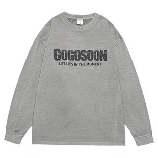 GOGOSOON长袖T恤男280g新款春秋圆领水洗纯棉打底衫复古宽松上衣