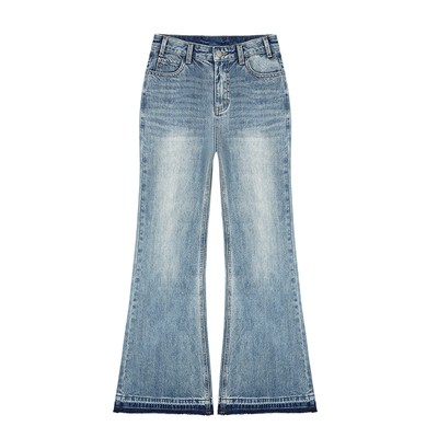 MULVAN 费尔海岛 蓝色喇叭牛仔裤女毛边设计感小众复古修身长裤