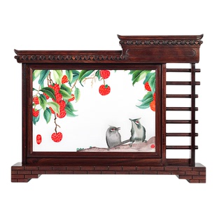 非遗广绣长方形趟栊门荔枝双雀纯手工刺绣新中式客厅书房装饰摆件