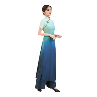 千百思中国风复古仙气渐变改良奥黛旗袍阔腿套装连衣裙夏只此青绿