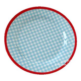 ins风韩系蓝色格子盘子圆形撞色水果密胺盘子甜品沙拉盘子摆件