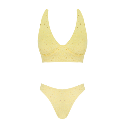 姜黄挂脖立体花纹分体泳衣