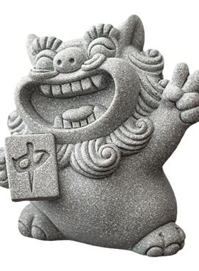 晨翔青砂石国潮喜狮必中开运摆件