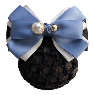 新款银行酒店员工发网女蝴蝶结职业头花空姐护士盘发网兜发夹珍珠