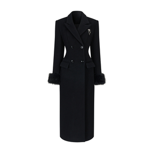 HiimDai 留洋大小姐Pro Max 100%绵羊毛黑色沙漏腰双面呢长款大衣