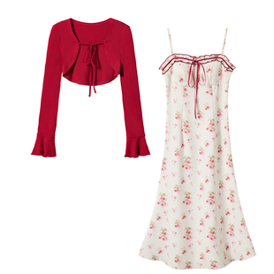 织物猪 松风茶韵 甜欲度假风碎花吊带鱼尾裙套装夏季女开衫两件套