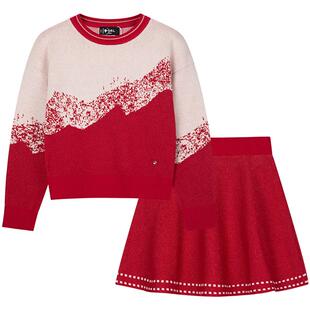 水孩儿童装女童套裙2025春秋新品红色针织裙子毛衣半身裙两件套