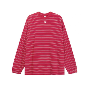 美式复古红色条纹长袖T恤男女同款宽松百搭休闲秋季打底上衣情侣