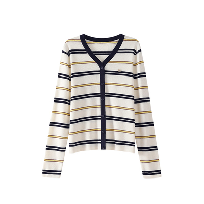 OSA经典条纹V领薄款套头针织衫