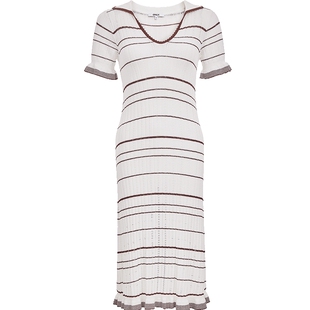 ONLY2026春季新款V字翻领不规则条纹花边舒适中长款针织连衣裙女