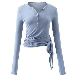 夕蒙2026新款春季韩系气质上衣小个子绝美小众绑带亨利领长袖t恤