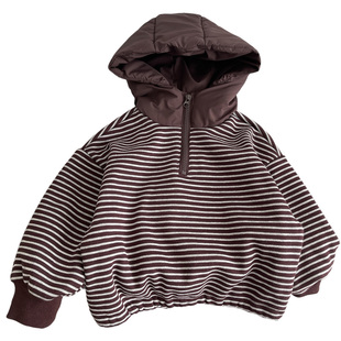 男童加绒卫衣冬季儿童连帽外套小男孩条纹套头衫宽松宝宝加厚上衣