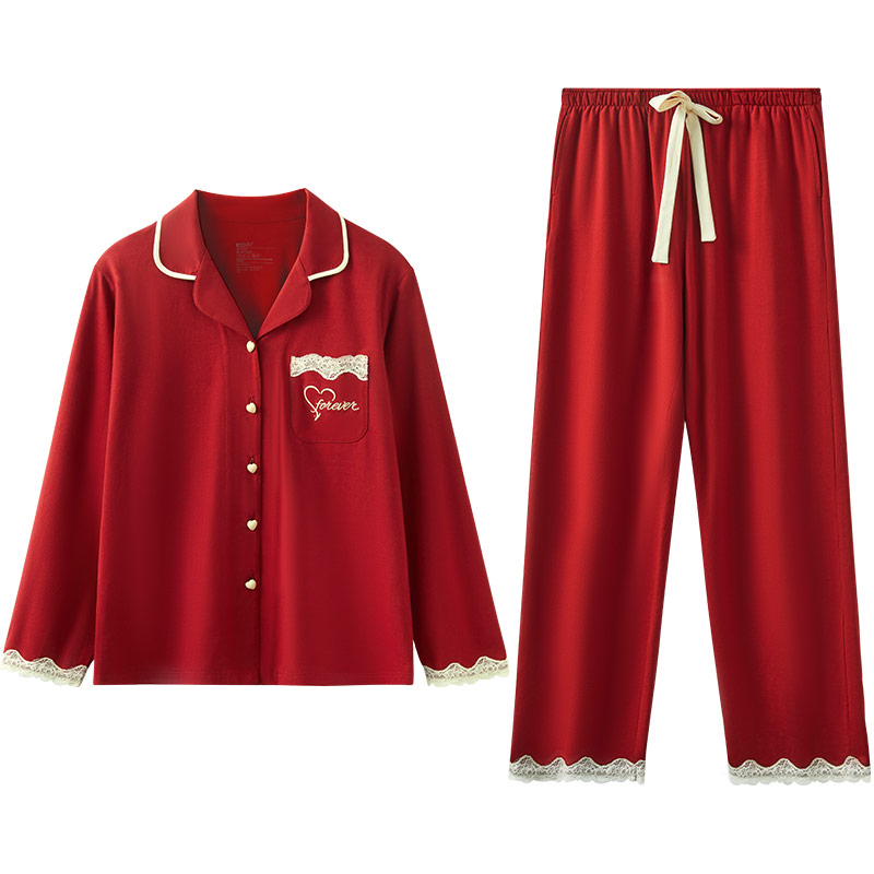 红豆红色情侣睡衣纯棉女结婚礼物男士本命年春秋季新年家居服套装