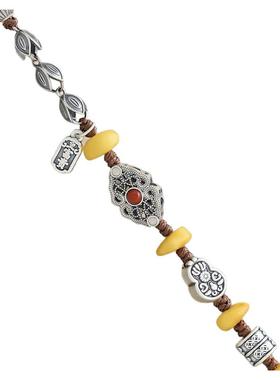 足银复古葫芦花朵凤眼琥珀蜜蜡圆片手环小众设计感新中式手环饰品