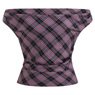 【明星同款】CIDER正品一字肩格纹短袖美式复古格子上衣113981213