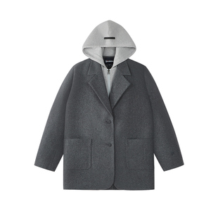 FILA FUSION斐乐女装呢子外套2026春新款休闲假两件连帽西装上衣