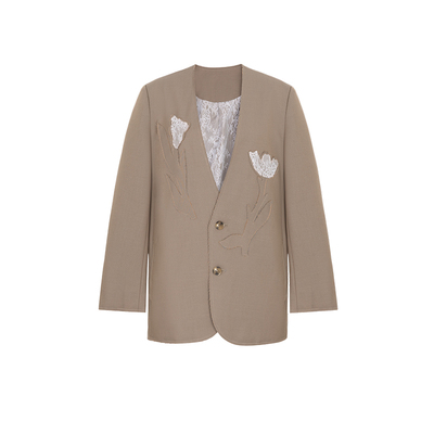 Miorastudio法式复古卡其绿拼接撞色蕾丝花朵外套 高级感气质西装
