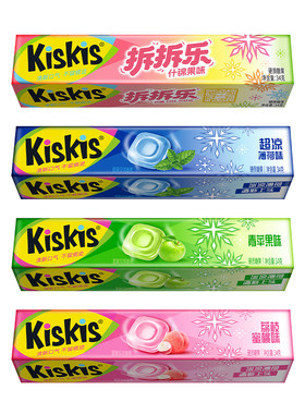 Kiskis酷滋薄荷糖冰凉薄荷硬糖青苹果荔枝蜜桃味提神糖果34g条装