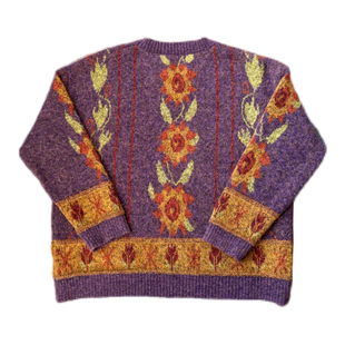 猫之旅店 秋冬复古提花毛衣女秋季宽松慵懒风紫色圆领花朵上衣
