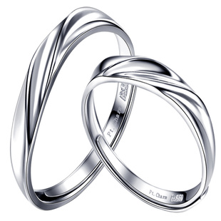 Pt.Charm比翼双飞铂金戒指pt950简约白金活口情侣结婚对戒素款