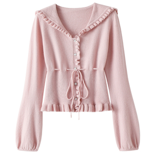 气质发光~后系带木耳边100%纯山羊绒开衫女纯羊绒毛衣针织衫秋冬