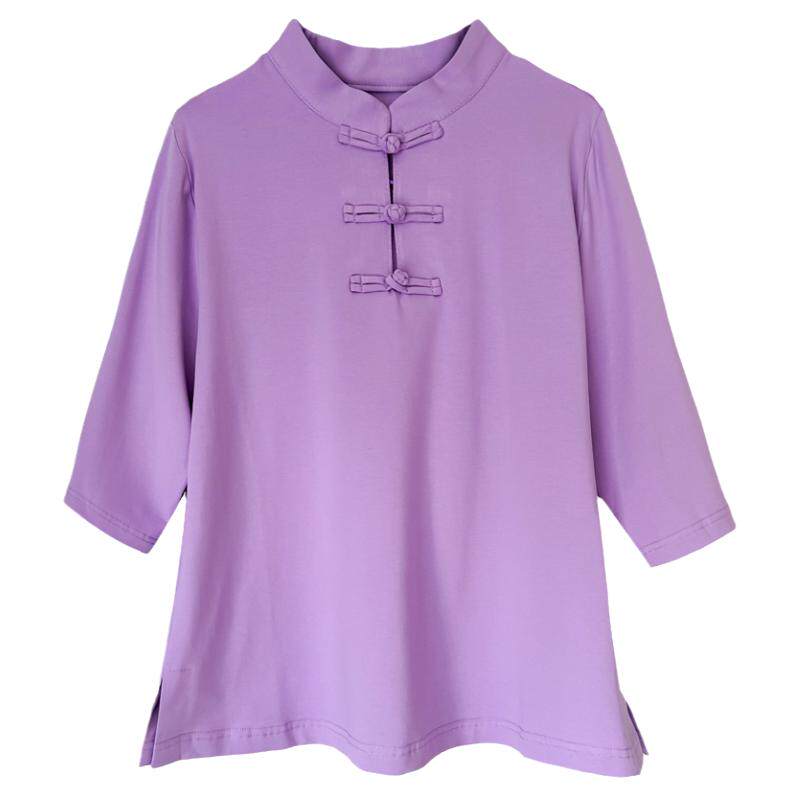 中国风T恤新款立领唐装女复古盘扣纯棉上衣五分袖打底衫禅衣茶服