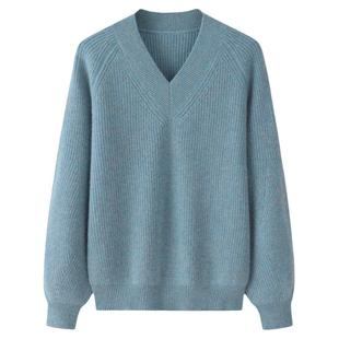 阿绒源纯羊绒元宝针女套衫V领加厚双股休闲灯笼袖宽松保暖潮毛衣