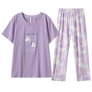 玛伦萨【5A抗菌】睡衣女纯棉夏季新款大码短袖长裤女士家居服套装