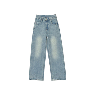 时髦出街！窄版直筒带钻牛仔裤女2026新款春季慵懒宽松阔腿拖地裤