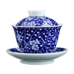 青花冰梅清和三才盖碗单个高档纯手工青花茶碗家用带盖泡茶喝茶杯