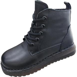 夏发真皮女鞋厚底短靴2025冬季加绒保暖二棉鞋头层牛皮平底马丁靴