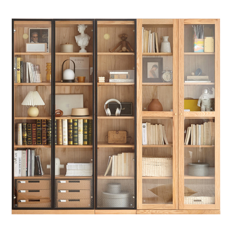 厂家直销实木书柜简约现代书房家具橡木置物柜客厅带玻璃门展示柜
