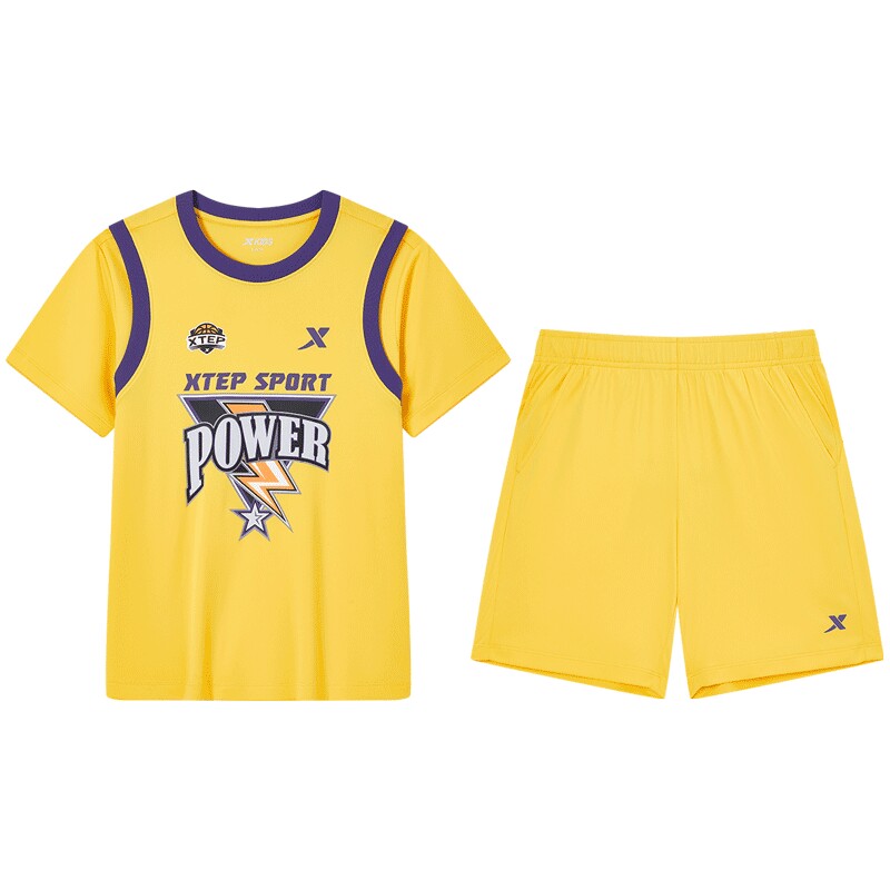 特步童装儿童篮球服套装夏季新款男童速干运动服假两件球衣两件套