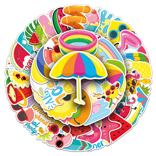 100张ins风夏日清凉卡通贴纸少女心小清新西瓜游泳圈沙滩装饰平板电脑文具耳机旅行箱奶茶杯日记冰箱防水贴画