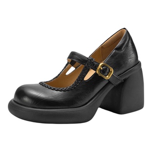 8cm真皮粗跟圆头黑色玛丽珍鞋女超高跟防水台厚底皮带扣显瘦单鞋