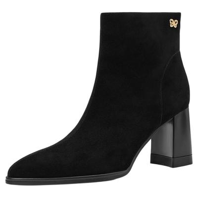 星期六2025新款黑色绒面厚底短靴女粗跟尖头瘦瘦靴高级感时装靴