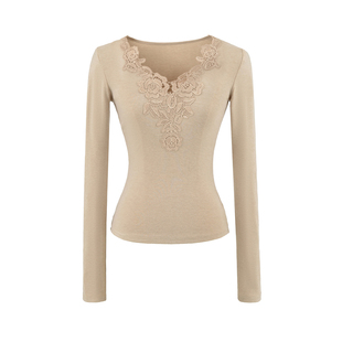 棉洋v领蕾丝打底衫女内搭绝美修身长袖温柔气质显瘦T恤上衣小个子