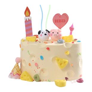 网红奶酪蛋糕装饰品摆件卡通可爱小猪小狗摆件蜡烛HB彩旗插牌插件