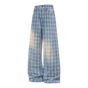 cleanfit蓝色格子牛仔裤男春秋潮牌水洗做旧弯刀裤子直筒微喇长裤