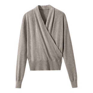 【奢享体验】超细支美丽诺羊毛 简约通勤交叉V领针织套头衫上衣女