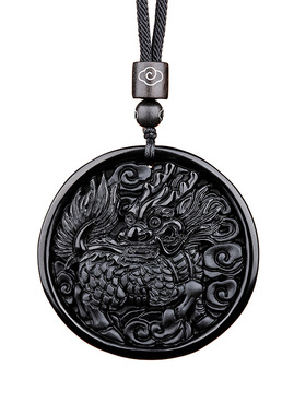 普陀山冰种黑曜石麒麟吊坠挂件